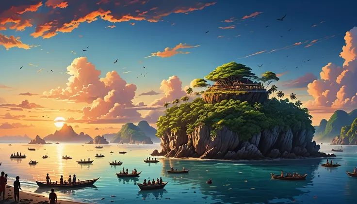 A mysterious large floating island in the evening sky, The crowd stared at the island in fear., Floating islands in the sea, People gathered along the shore at sunset, pointing excitedly at the island., Curious observers, People tremble with fear., People ...