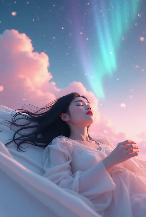 3d realistic,hd wallpaper,Ultra High Dimention,8K, Beautiful Asian girl with long flowing black hair,fair skin, wearing a white dress lying on the floor while daydreaming on the white silk fabric, the silk fabric that stretches out in the sky hanging on so...