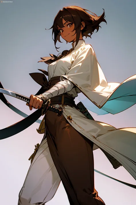 A female swordsman, hem at the waist, sword inside the sheath. 1 woman, brown hair, dark skin. relaxed pose, smiling slightly. good anatomy, Simple Clothes, design bonito, FIRST WORK, perspective