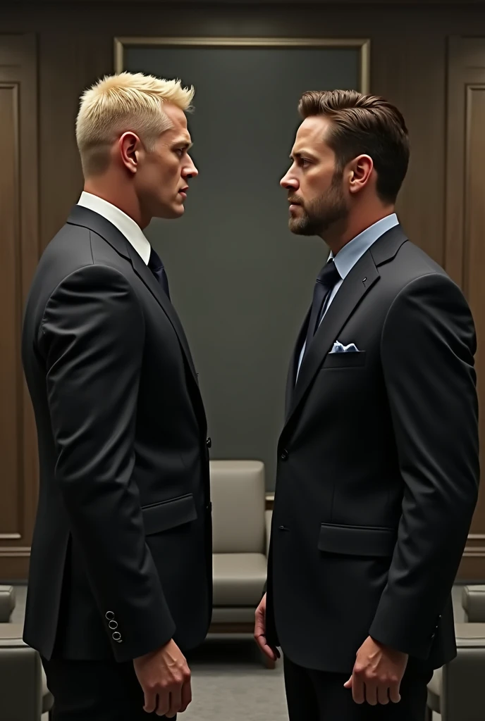 a man resembling John Cena with short blond hair in an elegant suit talking to a man resembling Robert Downey Jr. elegant and sad talking and standing apart in a meeting room