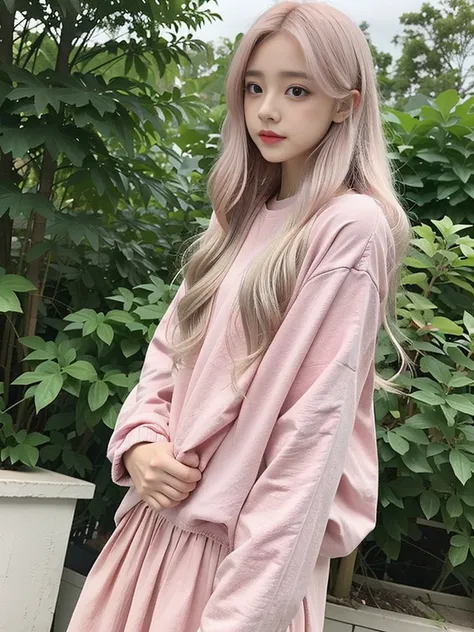 Long white hair, pink clothes