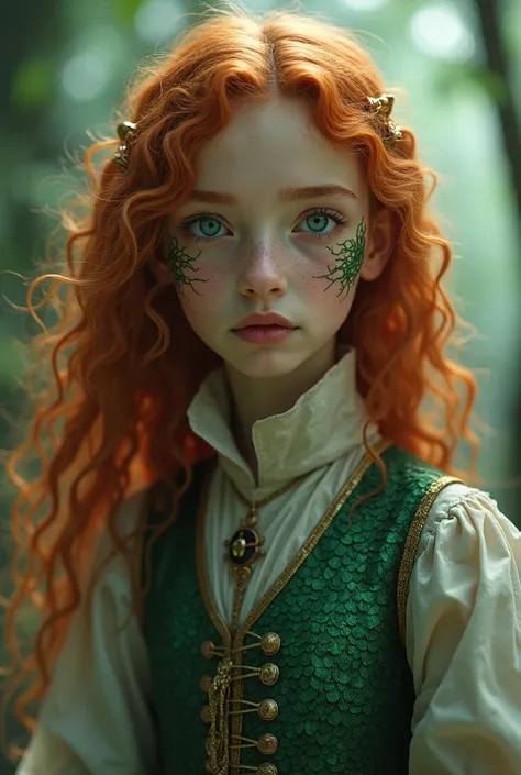 1 girl with tan skin, long curly ginger hair, ocean blue eyes, Nevermore uniform, green scale patter on cheeks