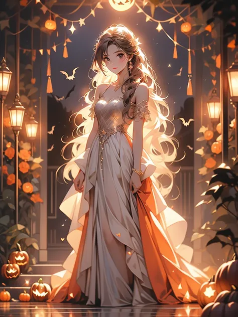 High image quality　High degree of thawing　8k　Halloween Dress　Virtual Dress　Girl wearing　Shiny and light long hair　Sparkling and Shining　Standing in full body　When I opened the front door　A wicker basket filled with scattered candies the size of hearts.　Han...