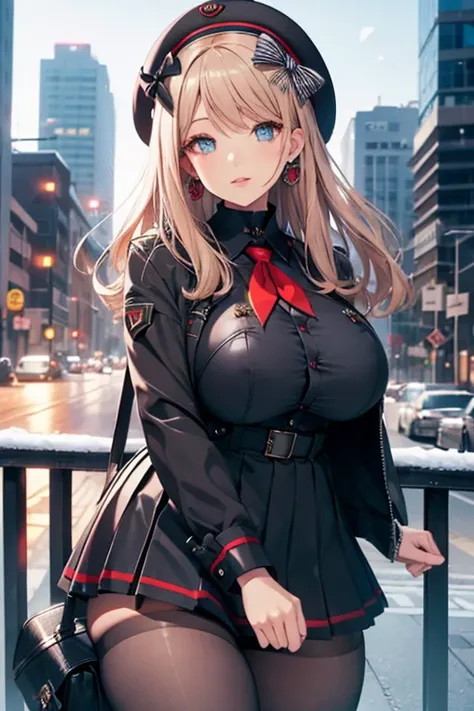 (Cityscape), (Detailed eyes and face:1.3), (Very nice and beautiful:1.1), (Perfect detail:1.1), Nod, Emadef, beret, bow, skirt, jacket, Pantyhose, Black shirt Emma Winter, White knee socks