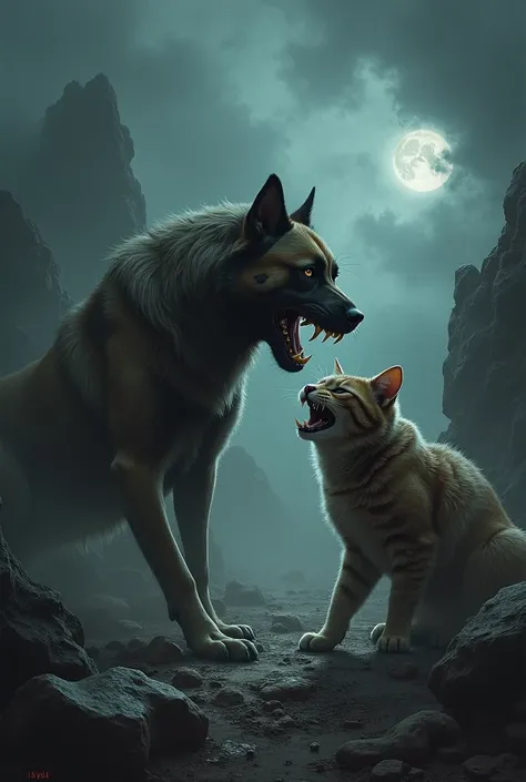 Dog and cat in one image,scary background hyper realistic 