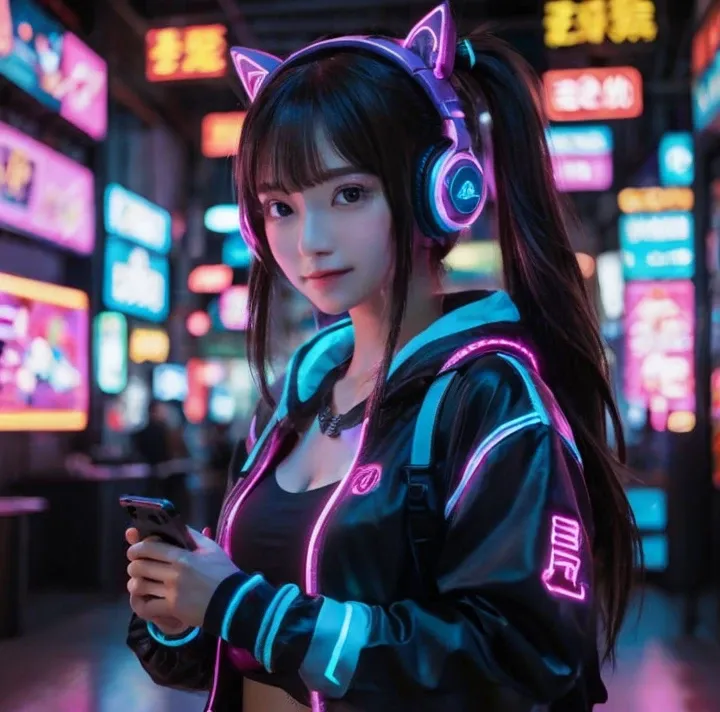 Cewek gaming animasi neon pink di japanese 