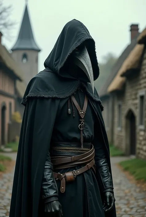 Plague doctor standing in front of a village 