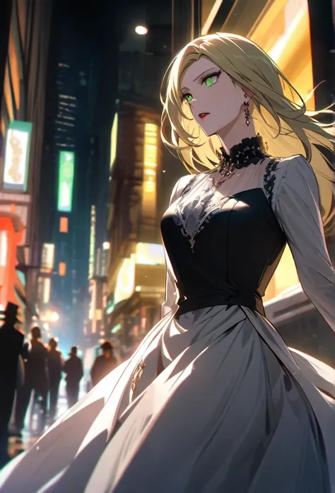 Ancient vampire man with blond hair green eyes in elegant clothes meloncholically looks at the night modern city 