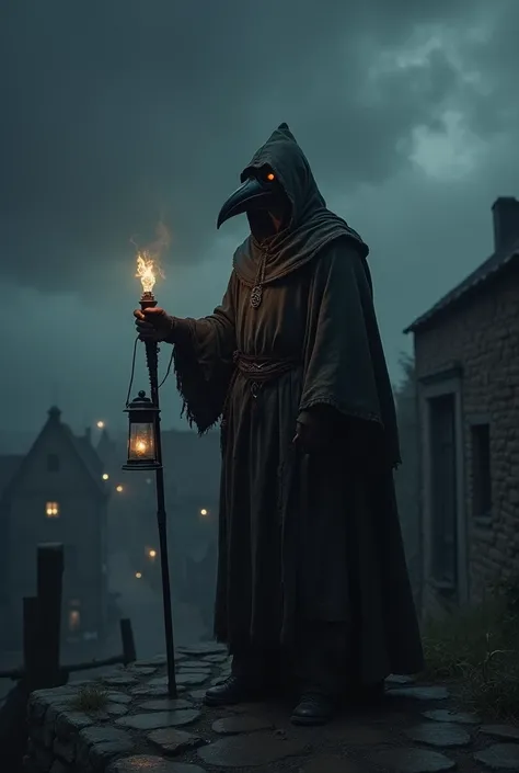 A Plague doctor standing in front of a village at night in raggedy clothes and holding a lamp