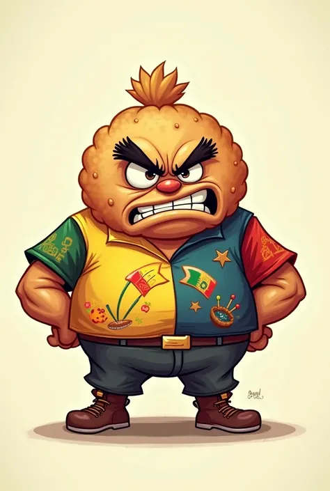 Globo Biscuit angry mascot with half Italian and half Ecuadorian shirt 