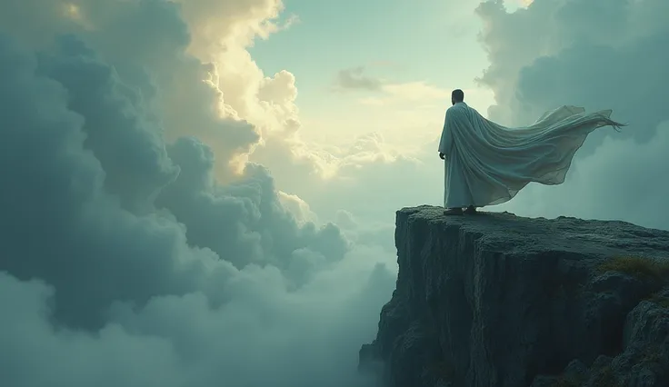 A representation of courage, with a figure standing tall, on a cliff, wearing a flowing robe, facing the winds of change, dramatic skies swirling above, hyper-realistic, photo realism, cinematography.