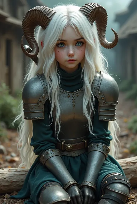 Seventeen year old girl with long wavy white hair., freckles on the face and dimples on the cheeks, heterochromatic eyes, one half turquoise-half honey and the other half red-half violet. He has ram&#39;s horns sticking out of his head.. His clothes are ar...