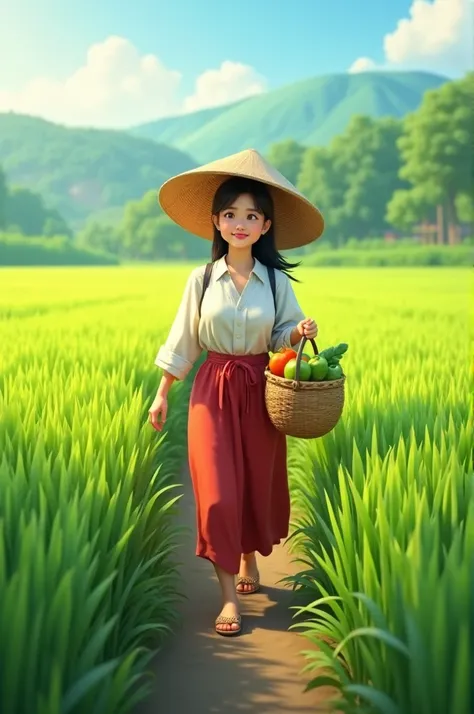 4d cartoon of a woman walking in the rice field,wearing farmer clothes bamboo hat carrying food Realistic Haiper rice field background High contrast High color effect 8k Focus Detail