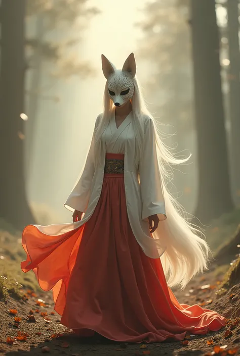 Realistic, beautiful woman wearing Japanese fox mask, intricate detailed mask, white hair extending to knees, white jacket and red hakama, wearing geta, sunlight shining through misty forest, Tyndall effect, cinematic lighting