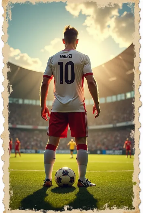 Beautiful postcard of a soccer player from behind 