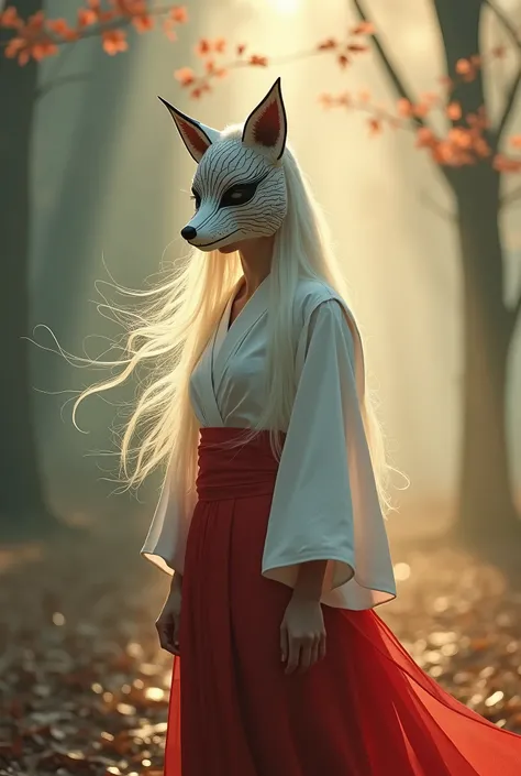 Realistic, beautiful woman wearing Japanese fox mask, intricate detailed mask, white hair extending to knees, white jacket and red hakama, wearing geta, sunlight shining through misty forest, Tyndall effect, cinematic lighting