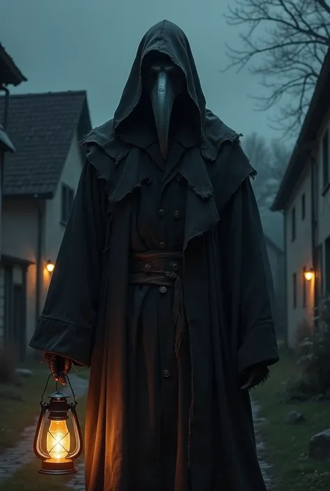 A normal human Plague doctor man standing in front of a village at night in raggedy clothes and holding a lantern 