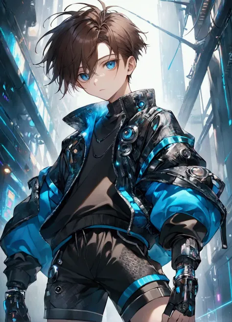 Blue Eyes, Textured Skin, boy, cyber punk jacket, black shorts, boy, short boy, brown hair