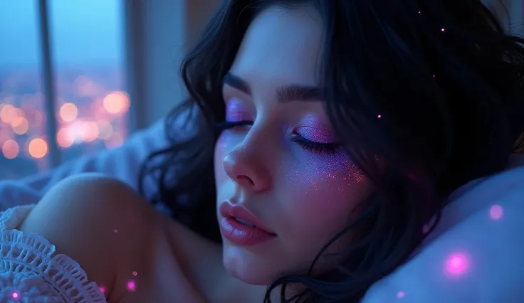 Close-up de uma obra-prima, HD photography, Beautiful woman sleeping,  a beautiful Russian woman like Aphrodite, with wavy black hair and sapphire blue eyes as clear as the sky, ENHANCED CLOSED EYES, like purple and pink glitter not stubble,, No fundo, a b...