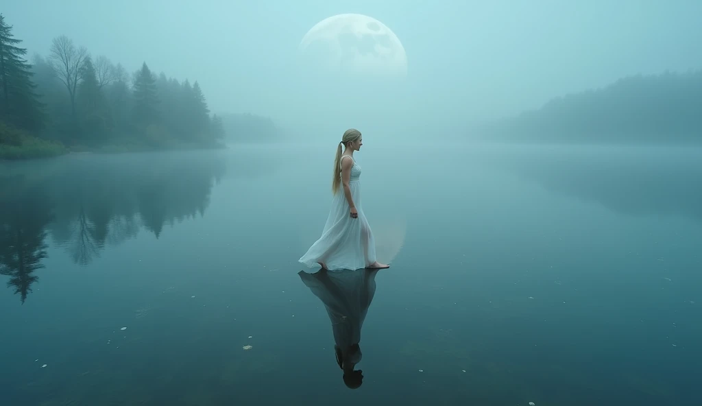 Perfect proportions, Model, Photo of Russian woman walking on water, Wearing a sheer white dress, Long blonde ponytail hair, In her mirror、Another image of her is shown, Wide Shot, Quiet, In the middle of the mirror-like lake、Shrouded in fog, Scattered Moo...