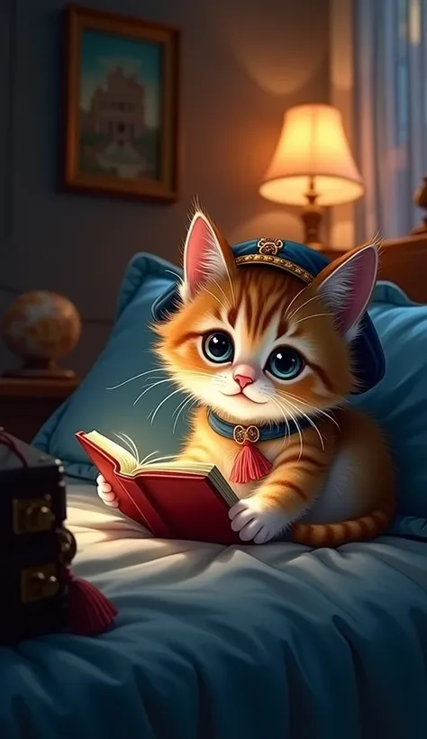 Best Quality, masterpiece, Ultra-detailed high resolution, (Realistic: 1.4), illustration, Dazzling background colors,Cute little kitten reading a book on the bed,(Solo Exhibitions: 1.2), ([デニムlens: 1.2), Cute patterned headwear, No straps, (Red eyeliner: ...