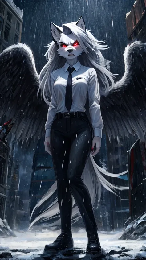 Loona from Helluva Boss, female wolf, white hair, white like snow fur, grey eyes, grey angel, grey angel halo, grey wings, white shirt with black tie, black pants, black shoes, standing, detailed, rain, solo, beautiful, high quality, close to face, angry b...