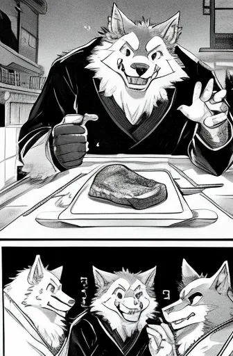 black and white comics、japanese manga、monochrome、 conversation scene、comical werewolf in a long-sleeved black shirt、right in fro...