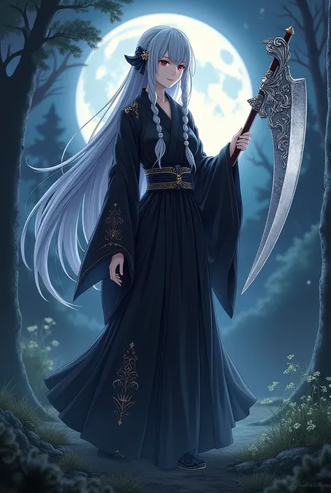 masterpiece, Best Quality, High resolution, Every detail、 anime、Fantasy、Gray hair, long hair, side braids、Red Eye、Black kimono、Has a large silver Death Scythe、night、wilderness、whole body、