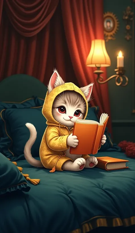 Best Quality, masterpiece, Ultra-detailed high resolution, (Realistic: 1.4), illustration, Dazzling background colors,Cute little kitten reading a book on the bed,(Solo Exhibitions: 1.2), ([デニムlens: 1.2), Cute patterned costume,No straps, (Red eyeliner: 1....