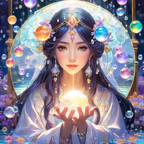 Mystical fortune teller，Expressionless，Colorful colors, surrounded by water bubbles, Cute Style, Masterpiece anime-style oil painting, Upper body close-up, Tyndall effect water droplets, Mother of Pearl Iris, Holographic White,Long Hair, Love Advice Room
