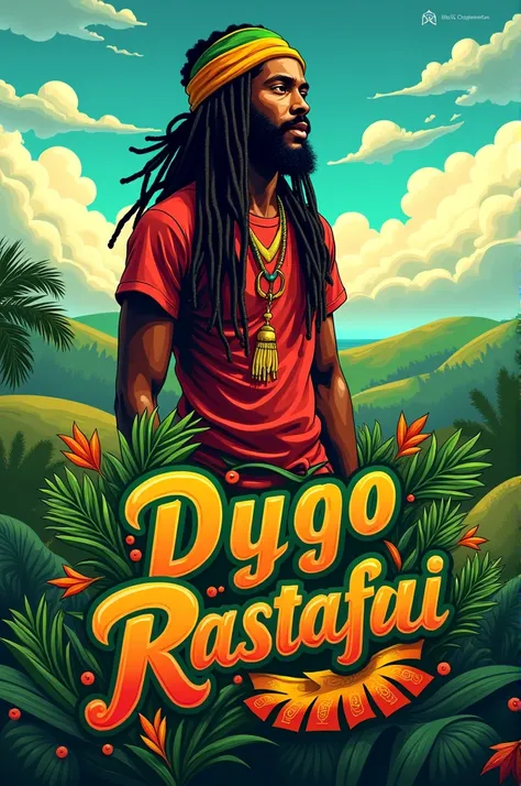 Create an image with the colors of Jamaica and that says DY3GO RASTAFARI