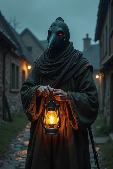 A normal tanned human Plague doctor man standing in front of a old village at night in raggedy clothes and holding a lantern 