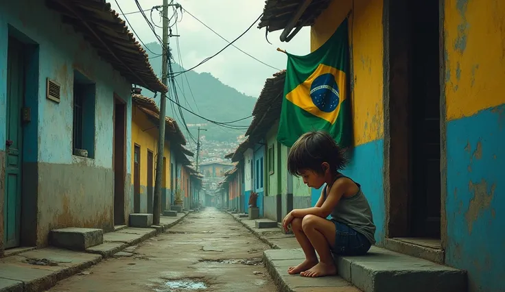 sad child in the favela of rio de janeiro, with the Brazilian flag