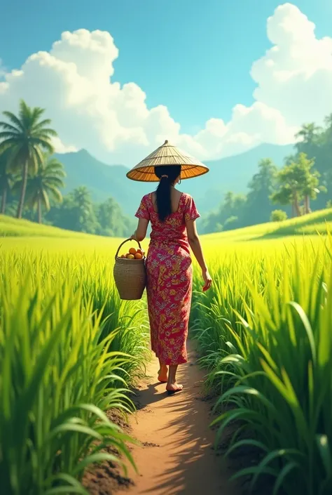 4D cartoon of a woman walking in the rice fields wearing traditional Javanese clothes, wearing a bamboo hat carrying food Haiper realistic High contrast High color effect 8k Focus Detail