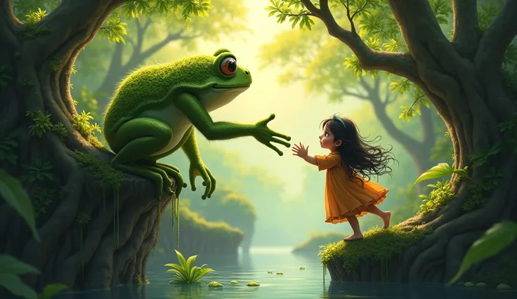 **Helping Heera:** Mohti frog extends his hand to Heera, who is struggling to reach the top. The contrast between the light-filled forest above and the dark gully below is striking.

