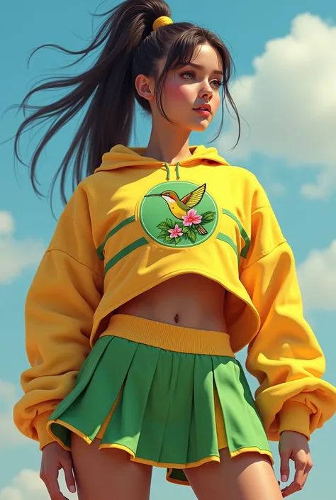 Create the image of a girl with a sports skirt with wide pleats in oak green and yellow underneath., The blouse completely covers her belly and shoulders, It has two crossed yellow stripes from corner to corner with a logo that is in a circle, a hummingbir...