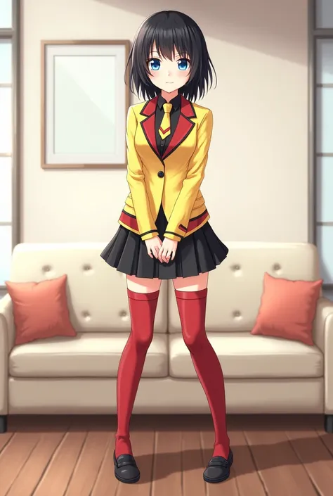 1girl, solo, yellow blazer with red and gray color details, black button-up undershirt, black short skirt with one red stripe, yellow necktie with red and black color details, red socks, red thighhighs, zettai ryouiki, black shoes, blue eye color, black ha...