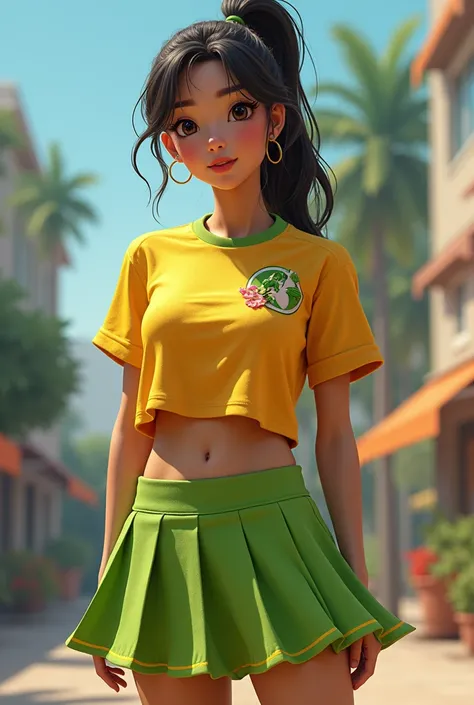 Create the image of a girl with a sports skirt with wide pleats in oak green and yellow underneath., The blouse completely covers her belly and shoulders, It has two crossed yellow stripes from corner to corner with a logo that is in a circle, a hummingbir...