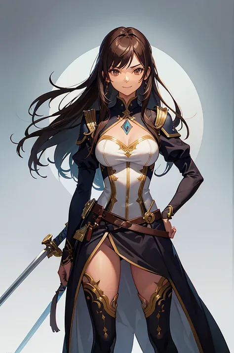 A female swordsman, hem at the waist, sword inside the sheath. 1 woman, brown hair, dark skin. relaxed pose, Hand on waist, smiling slightly. good anatomy, Simple Clothes, design bonito, FIRST WORK, perspective