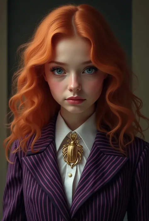 1 girl with tan skin, long curly ginger hair, ocean blue eyes, wearing purple and black striped blazer Nevermore uniform from Wednesday series, gold scarab amulet on