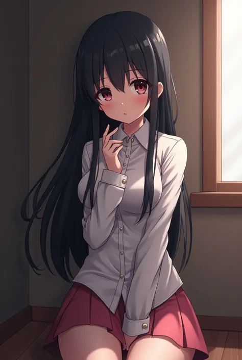 Anime picture of a high school girl with long black hair having sex alone 