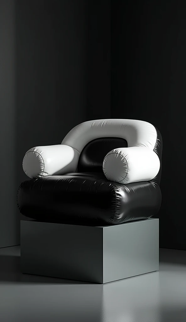 A hyper-realistic photo of an armchair made with black and white inflatable elements, placed on top of a glass cube. The background is black and the scene has soft shadows, creating a minimalist aesthetic. The photo is in the style of a hyper-realistic art...