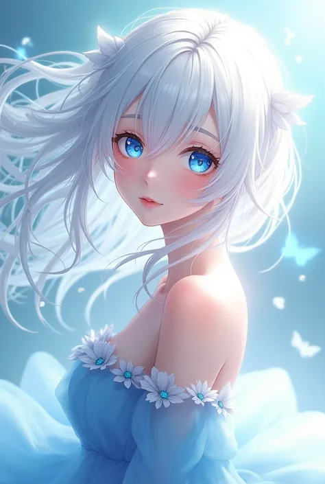 A beautiful anime girl with White Hair and blue eyes with a beautiful blue dress