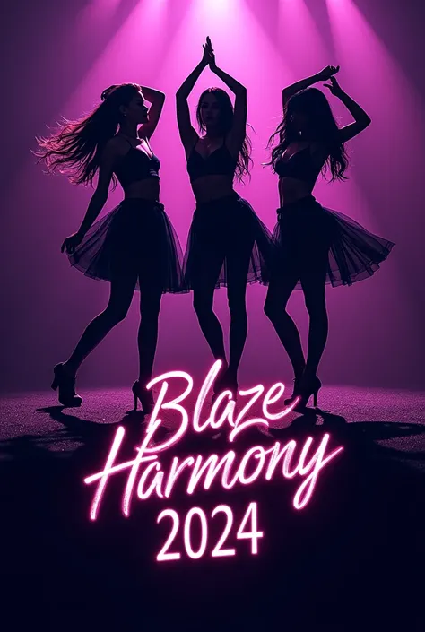 Make a shiny purple and black poster to promote a kpop group, must have the shadow of 3 girls and say "Blaze Harmony 2024"