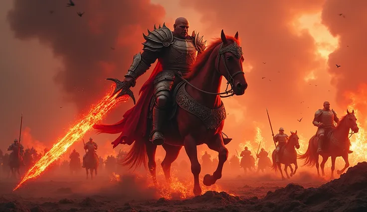 Knight of War "A massive, menacing warrior in heavy, bloodstained armor, he rides a flaming red horse, holding a large sword engulfed in flames, soon to wreak havoc. The knight has a dark expression, determined face, his eyes shining with anger. The landsc...