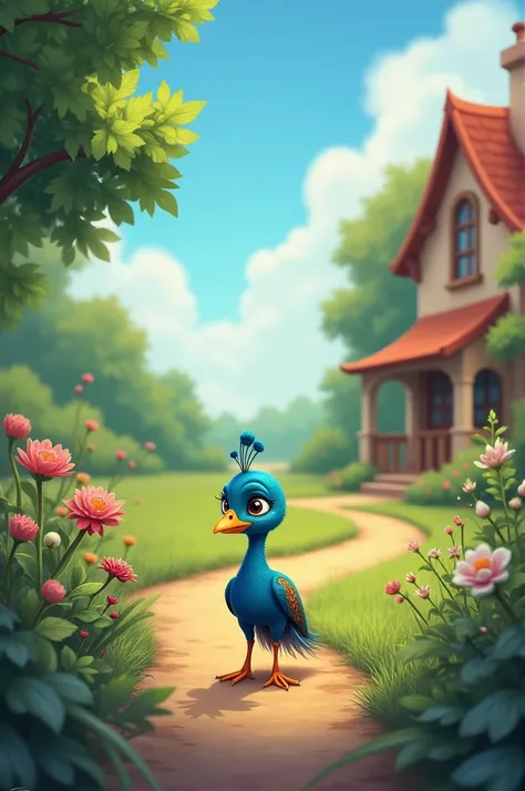 The baby peacock appears confused, standing at the crossroads of a garden path, one leading to the distant sky and the other towards a cozy home.