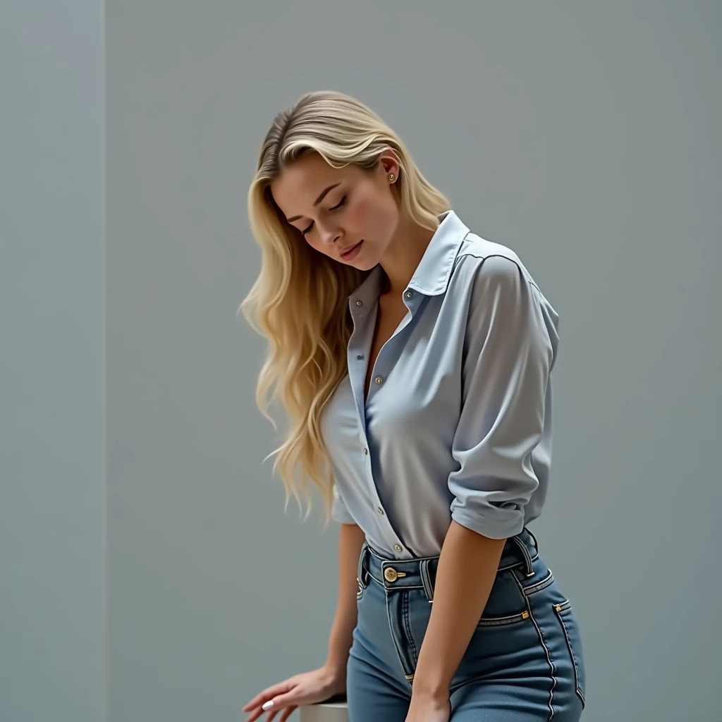 Very beautiful and busty American blonde girl, dressed in a light blue shirt with sleeves down to the wrist, to the body like an office secretary with a black sweater and black pants, where she is standing and falling asleep standing up, very relaxed, con ...