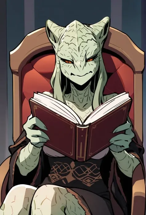 Sweaty female argonian necromancer in beautiful lingerie sitting on chair with happy face reading book 