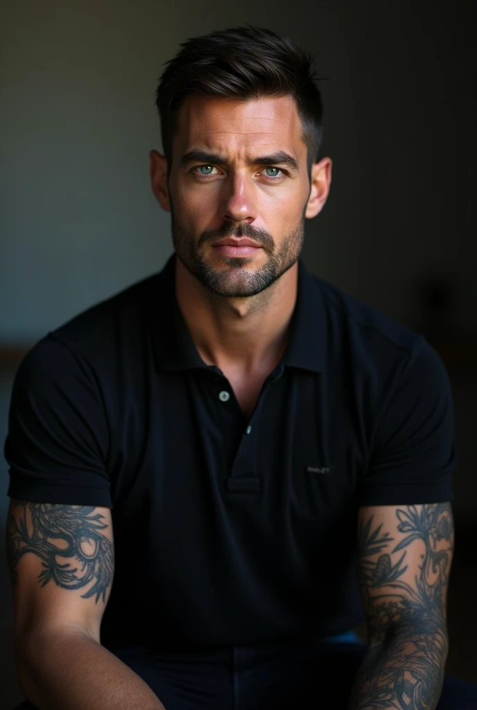 Blue eyed man with black short sleeve polo shirt with tattoos on right arm black hair 
