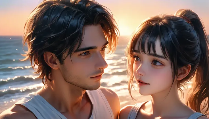 Best Quality, 8k, Realistic, Physically Based Rendering, (Golden Ratio), Anime Couples,Youth 1 person, 1 girl, Affectionate, Detailed Hair, Detailed face, Fine grain, Digital Art, 8k, Octane Rendering, masterpiece, Best Quality, A young man with short blac...